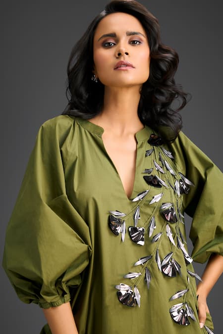 Deepika Arora Green Cotton V-neck Designer Dress With Embellishments Online at Aza Fashions Deepika Arora_Green Cotton V-neck Designer Dress With Embellishments _Online_at_Aza_Fashions