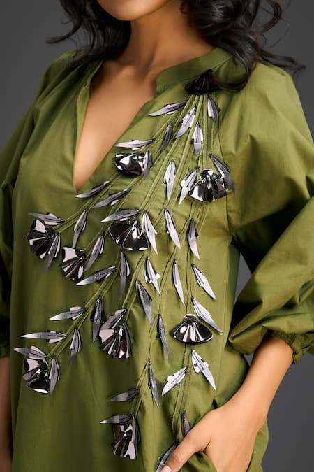 Buy Deepika Arora Green Cotton V-neck Designer Dress With Embellishments Online at Aza Fashions Buy_Deepika Arora_Green Cotton V-neck Designer Dress With Embellishments _Online_at_Aza_Fashions