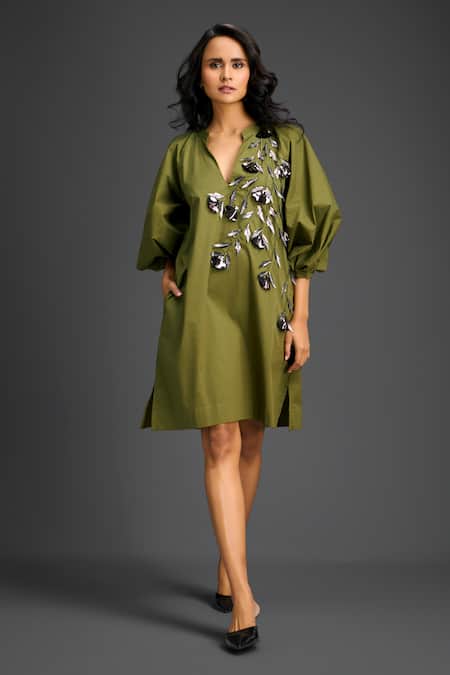 Deepika Arora Green Cotton V-neck Designer Dress With Embellishments 