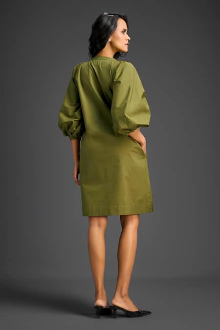 Shop Deepika Arora Green Cotton V-neck Designer Dress With Embellishments at Aza Fashions Shop_Deepika Arora_Green Cotton V-neck Designer Dress With Embellishments _at_Aza_Fashions