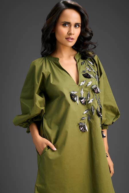Buy Deepika Arora Green Cotton V-neck Designer Dress With Embellishments Buy_Deepika Arora_Green Cotton V-neck Designer Dress With Embellishments