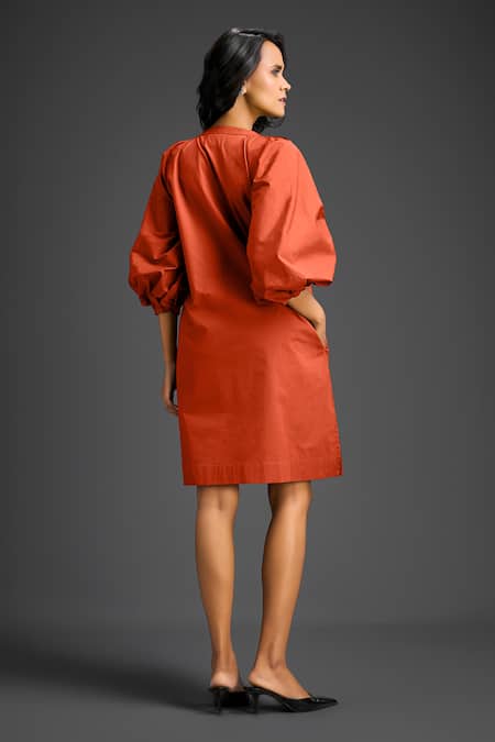 Shop Deepika Arora Orange Cotton Split V-neck Designer Embellished Dress at Aza Fashions Shop_Deepika Arora_Orange Cotton Split V-neck Designer Embellished Dress _at_Aza_Fashions