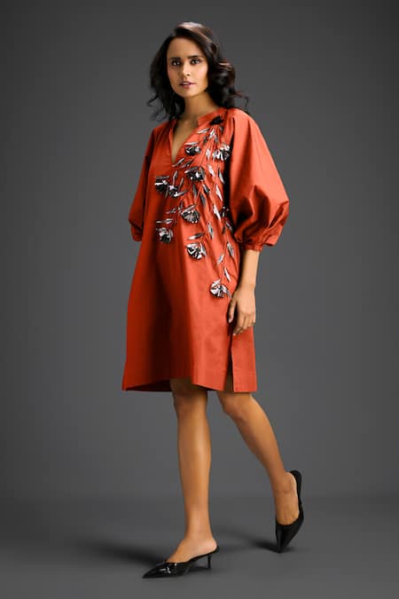 Deepika Arora Orange Cotton Split V-neck Designer Embellished Dress Online at Aza Fashions Deepika Arora_Orange Cotton Split V-neck Designer Embellished Dress _Online_at_Aza_Fashions