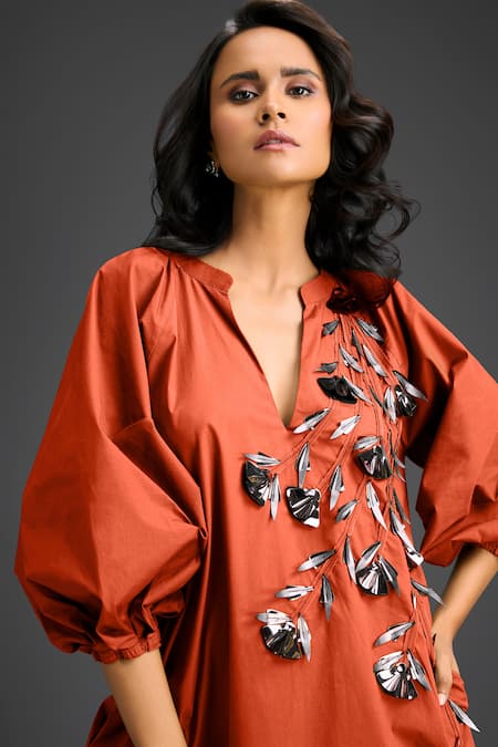 Shop Deepika Arora Orange Cotton Split V-neck Designer Embellished Dress Online at Aza Fashions Shop_Deepika Arora_Orange Cotton Split V-neck Designer Embellished Dress _Online_at_Aza_Fashions