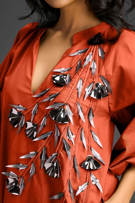 Deepika Arora Orange Cotton Split V-neck Designer Embellished Dress at Aza Fashions Deepika Arora_Orange Cotton Split V-neck Designer Embellished Dress _at_Aza_Fashions