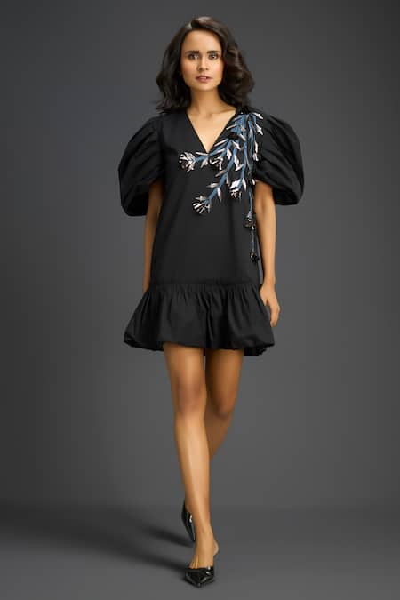 Deepika Arora_Black Cotton V-neck Designer Dress With Embellishments _Online_at_Aza_Fashions