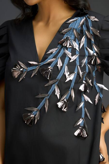 Shop_Deepika Arora_Black Cotton V-neck Designer Dress With Embellishments _Online_at_Aza_Fashions