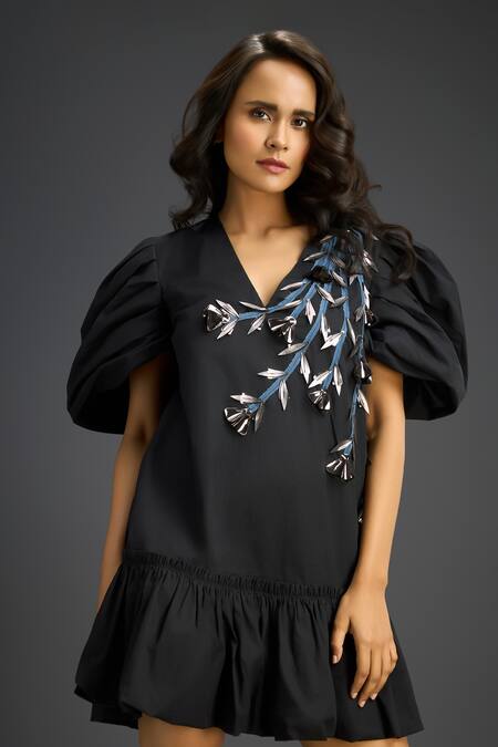 Deepika Arora_Black Cotton V-neck Designer Dress With Embellishments _at_Aza_Fashions