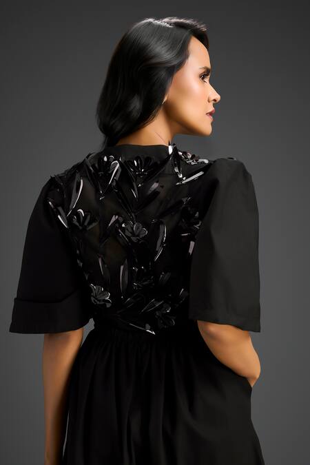 Deepika Arora Black Cotton Embroidery V-neck Designer Playsuit at Aza Fashions Deepika Arora_Black Cotton Embroidery V-neck Designer Playsuit _at_Aza_Fashions