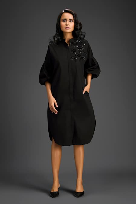 Deepika Arora Black Cotton Collared Designer Dress 