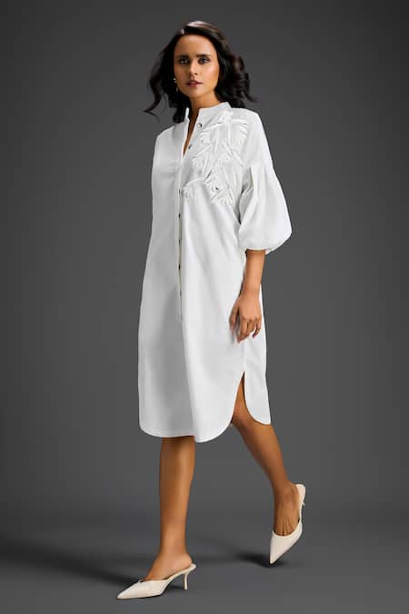 Deepika Arora_White Cotton Embroidery Mandarin Collar Designer Dress _Online_at_Aza_Fashions