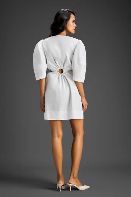 Shop Deepika Arora White Cotton V-neck Designer Dress at Aza Fashions Shop_Deepika Arora_White Cotton V-neck Designer Dress _at_Aza_Fashions