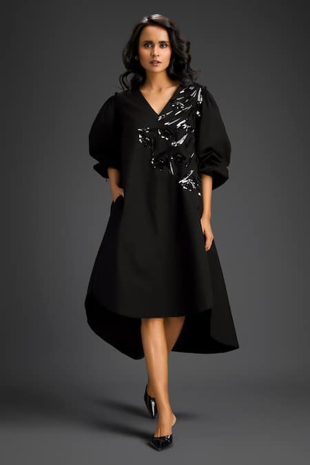 Deepika Arora Black Cotton V-neck Designer Embellished Dress 