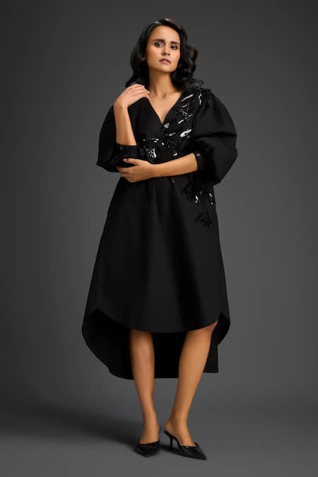 Deepika Arora Black Cotton V-neck Designer Embellished Dress Online at Aza Fashions Deepika Arora_Black Cotton V-neck Designer Embellished Dress _Online_at_Aza_Fashions