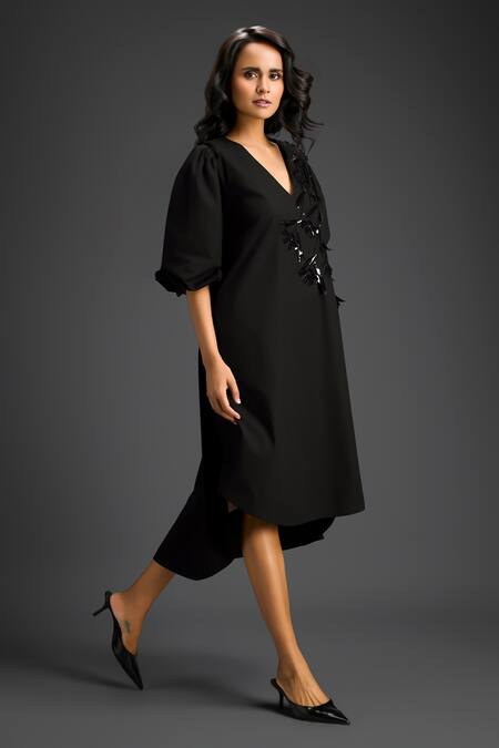 Buy Deepika Arora Black Cotton V-neck Designer Embellished Dress Online at Aza Fashions Buy_Deepika Arora_Black Cotton V-neck Designer Embellished Dress _Online_at_Aza_Fashions
