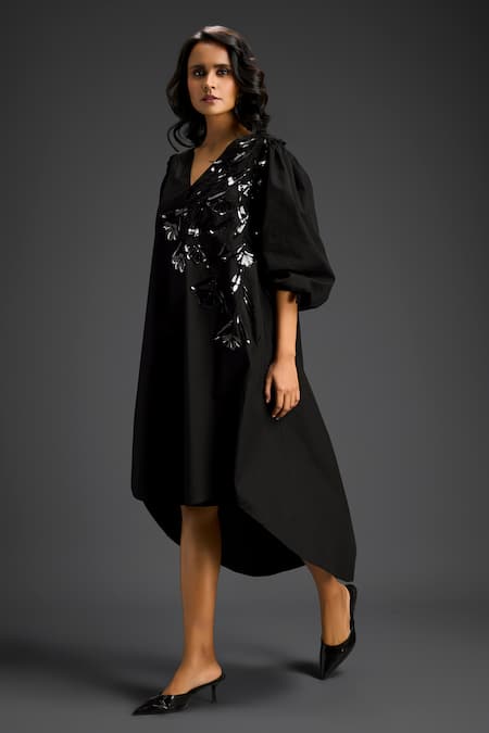 Shop Deepika Arora Black Cotton V-neck Designer Embellished Dress Online at Aza Fashions Shop_Deepika Arora_Black Cotton V-neck Designer Embellished Dress _Online_at_Aza_Fashions