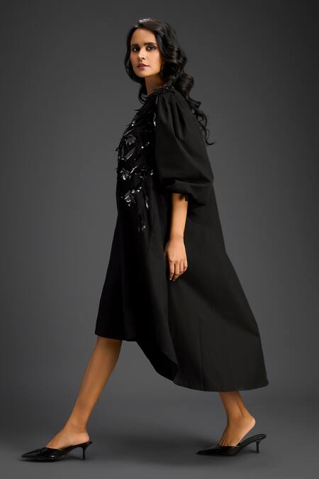 Deepika Arora Black Cotton V-neck Designer Embellished Dress at Aza Fashions Deepika Arora_Black Cotton V-neck Designer Embellished Dress _at_Aza_Fashions