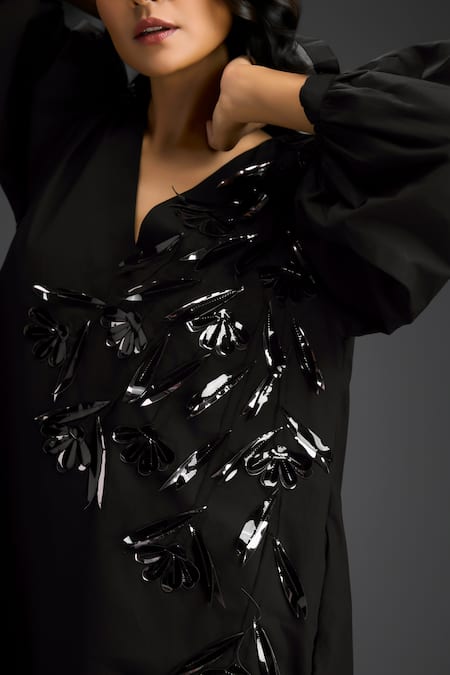 Buy Deepika Arora Black Cotton V-neck Designer Embellished Dress Buy_Deepika Arora_Black Cotton V-neck Designer Embellished Dress