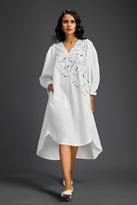 Deepika Arora White Cotton V-neck Designer Dress 