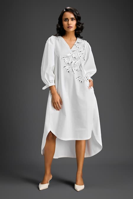 Shop Deepika Arora White Cotton V-neck Designer Dress Online at Aza Fashions Shop_Deepika Arora_White Cotton V-neck Designer Dress _Online_at_Aza_Fashions