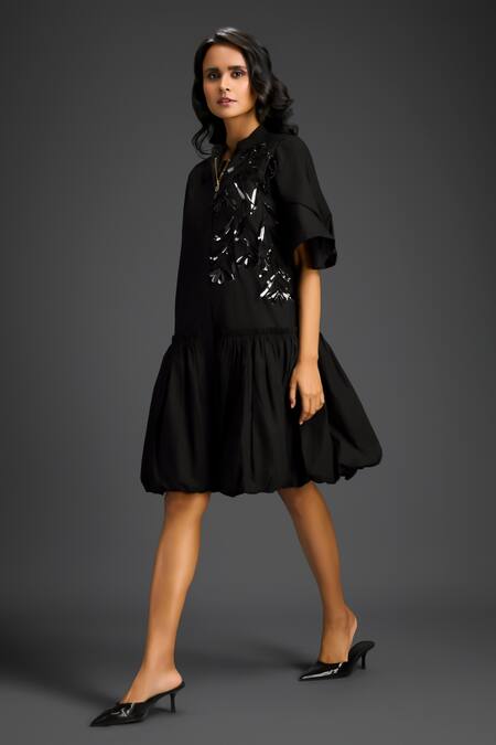 Buy_Deepika Arora_Black Cotton Collared Designer Dress _Online_at_Aza_Fashions