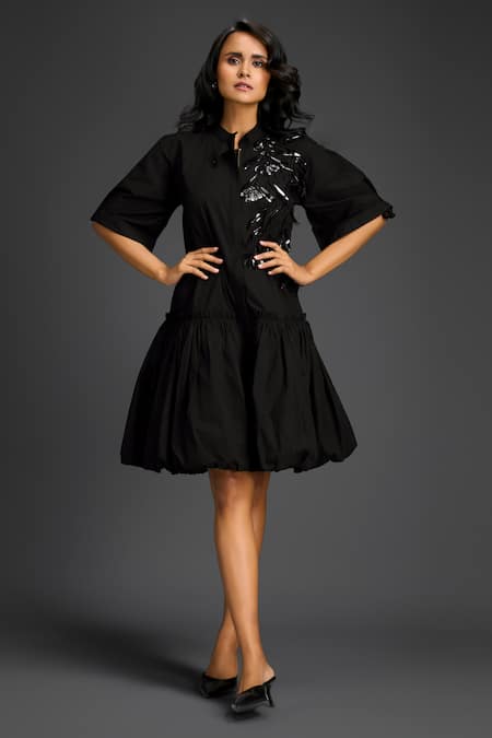 Deepika Arora Black Cotton Collared Designer Dress 