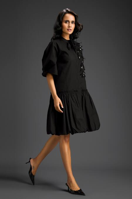 Shop_Deepika Arora_Black Cotton Collared Designer Dress _Online_at_Aza_Fashions