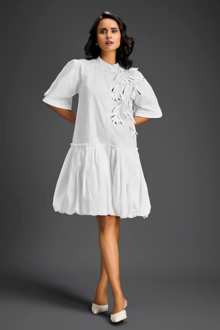 Deepika Arora White Cotton Mandarin Collar Designer Dress 