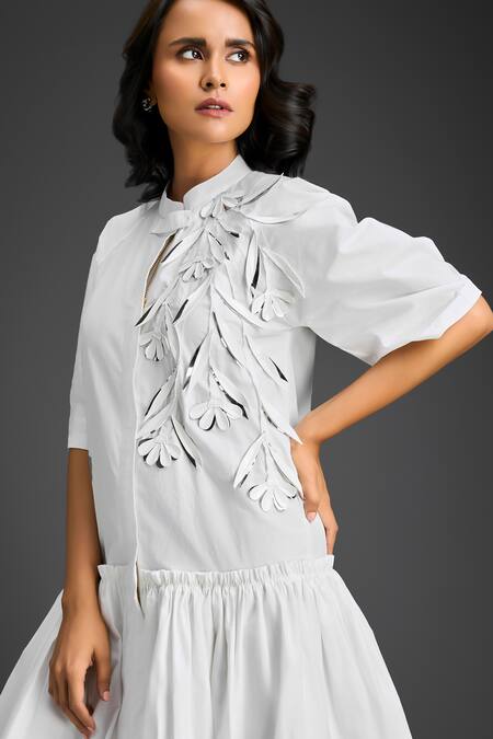 Deepika Arora White Cotton Mandarin Collar Designer Dress at Aza Fashions Deepika Arora_White Cotton Mandarin Collar Designer Dress _at_Aza_Fashions