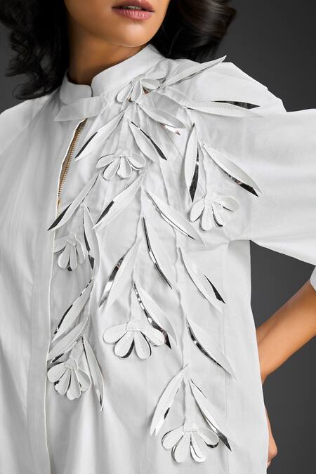 Shop Deepika Arora White Cotton Mandarin Collar Designer Dress Shop_Deepika Arora_White Cotton Mandarin Collar Designer Dress