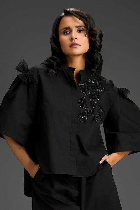 Shop_Deepika Arora_Black Cotton Embroidery Collared Designer Shirt And Shorts Set _Online_at_Aza_Fashions