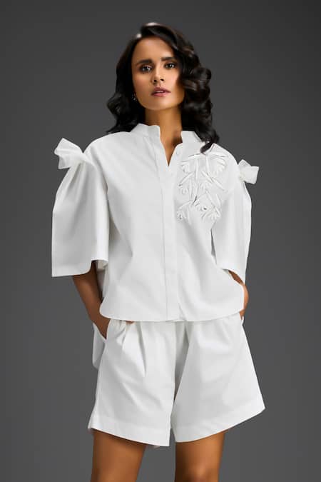 Buy_Deepika Arora_White Cotton Embroidery Mandarin Collar Designer Shirt And Shorts Set _Online_at_Aza_Fashions