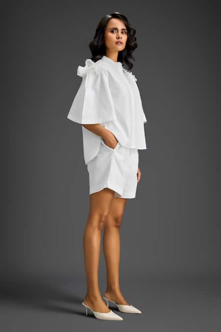 Shop_Deepika Arora_White Cotton Embroidery Mandarin Collar Designer Shirt And Shorts Set _Online_at_Aza_Fashions