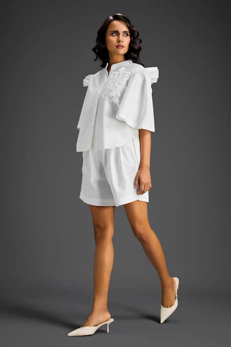 Deepika Arora_White Cotton Embroidery Mandarin Collar Designer Shirt And Shorts Set _at_Aza_Fashions