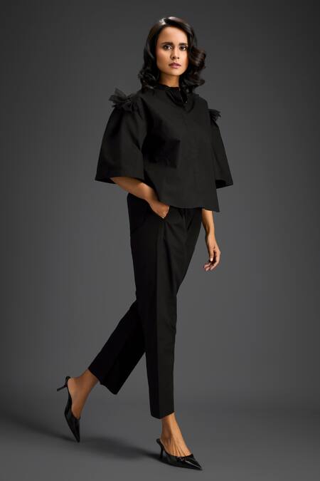 Deepika Arora_Black Cotton Embroidery Mandarin Collar Designer Shirt And Pant Set _Online_at_Aza_Fashions