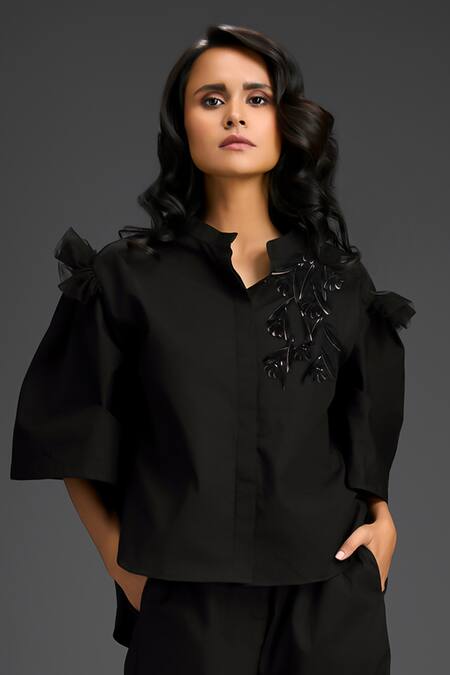 Buy_Deepika Arora_Black Cotton Embroidery Mandarin Collar Designer Shirt And Pant Set _Online_at_Aza_Fashions