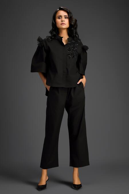 Shop_Deepika Arora_Black Cotton Embroidery Mandarin Collar Designer Shirt And Pant Set _Online_at_Aza_Fashions