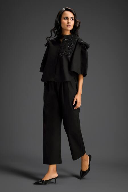 Buy_Deepika Arora_Black Cotton Embroidery Mandarin Collar Designer Shirt And Pant Set 