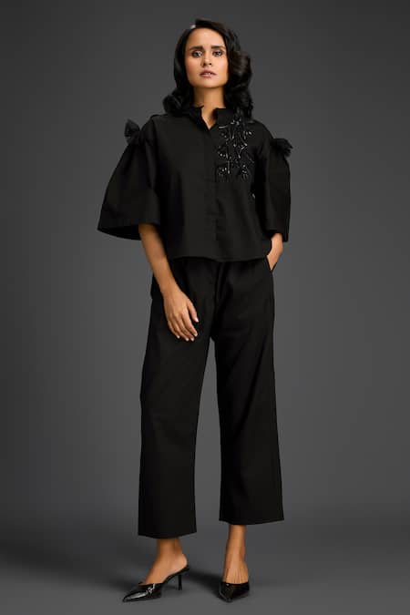 Deepika Arora Black Cotton Embroidery Mandarin Collar Designer Shirt And Pant Set 