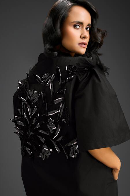 Shop_Deepika Arora_Black Cotton Embroidery Mandarin Collar Designer Shirt And Pant Set 