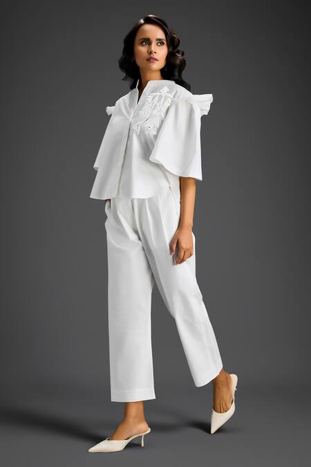 Buy_Deepika Arora_White Cotton Embroidery Collared Designer Shirt And Pant Set _Online_at_Aza_Fashions