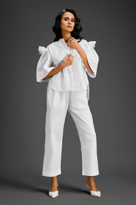 Shop_Deepika Arora_White Cotton Embroidery Collared Designer Shirt And Pant Set _Online_at_Aza_Fashions