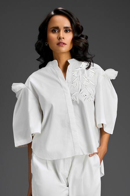 Deepika Arora_White Cotton Embroidery Collared Designer Shirt And Pant Set _at_Aza_Fashions