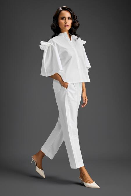 Buy_Deepika Arora_White Cotton Embroidery Collared Designer Shirt And Pant Set 