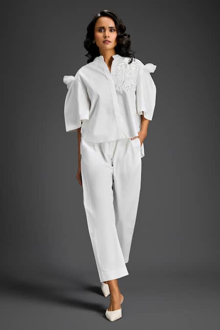 Deepika Arora White Cotton Embroidery Collared Designer Shirt And Pant Set 