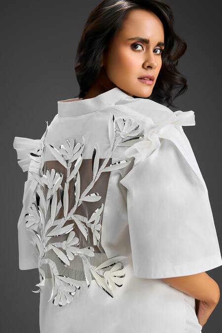 Shop_Deepika Arora_White Cotton Embroidery Collared Designer Shirt And Pant Set 