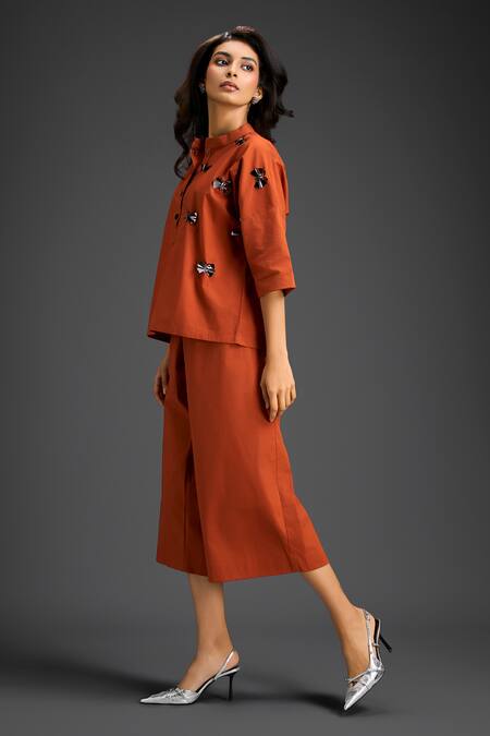 Deepika Arora_Orange Cotton Bows Mandarin Collar Designer Top And Pant Set _Online_at_Aza_Fashions