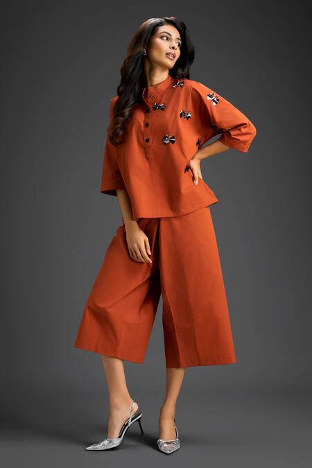 Buy_Deepika Arora_Orange Cotton Bows Mandarin Collar Designer Top And Pant Set _Online_at_Aza_Fashions