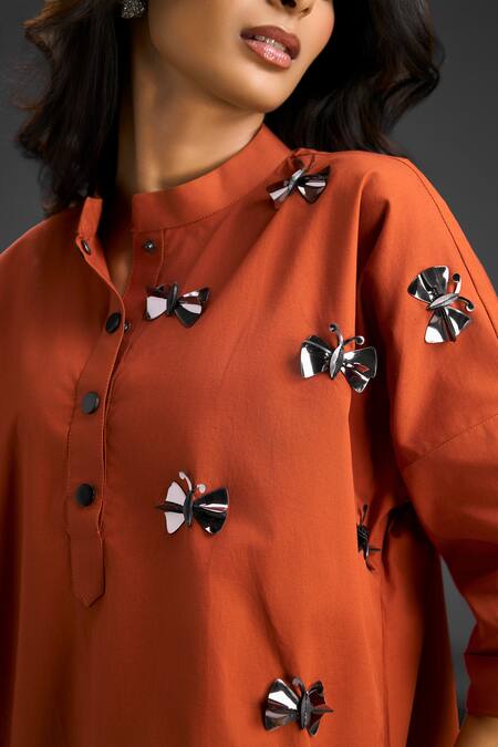 Shop_Deepika Arora_Orange Cotton Bows Mandarin Collar Designer Top And Pant Set 