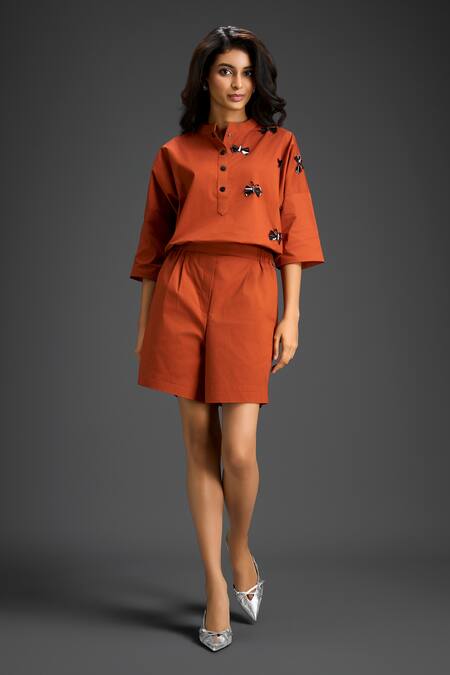 Shop_Deepika Arora_Orange Cotton Collared Designer Top And Shorts Set 